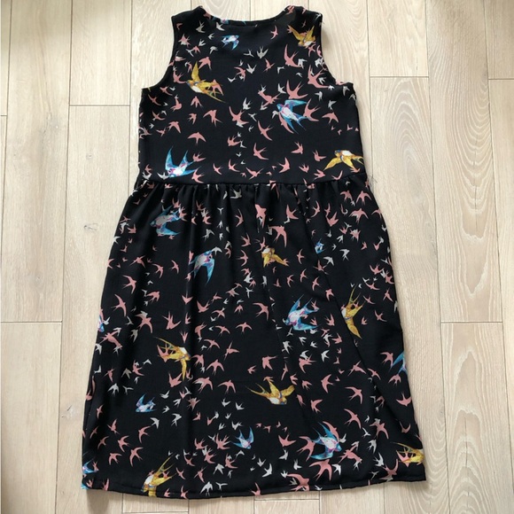Vintage Desserts & Skirts Bird Print Chiffon Dress in Black Size S - Picture 3 of 10